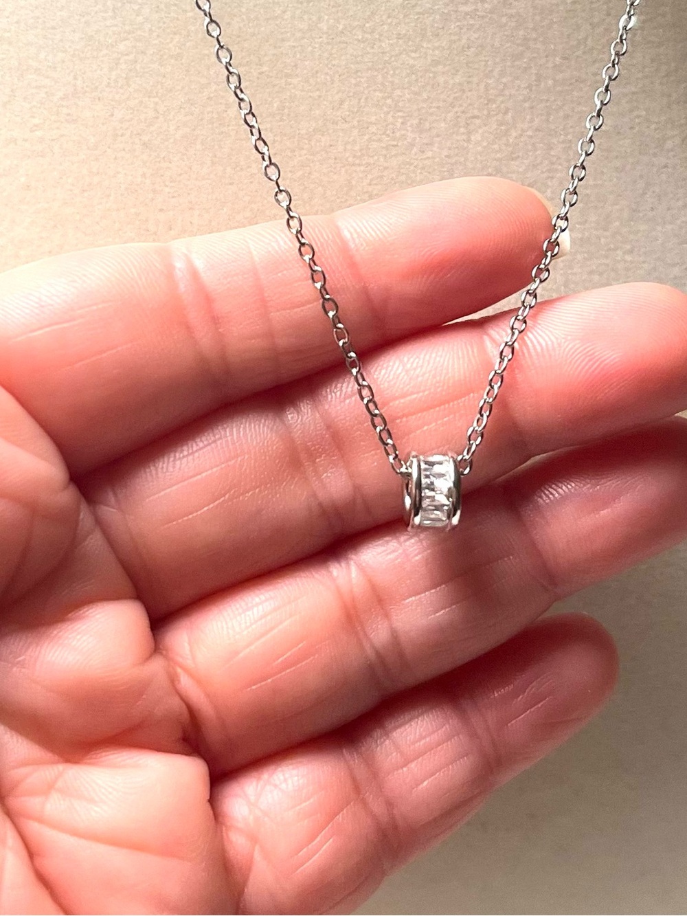 Silver Tone Stainless steel CZ Ring Pendant Necklace